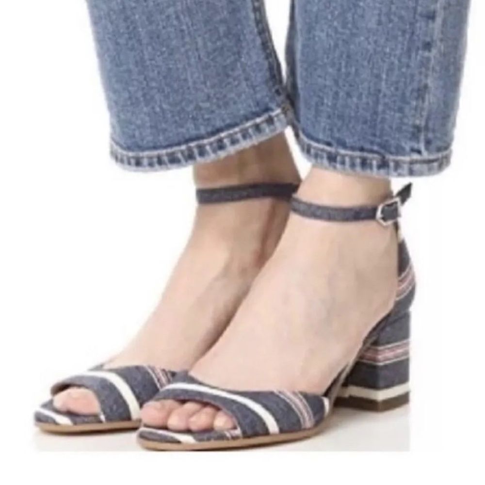 Sam Edelman Susie Denim Striped Open Toe Block Heel Sandals Sz 6.5